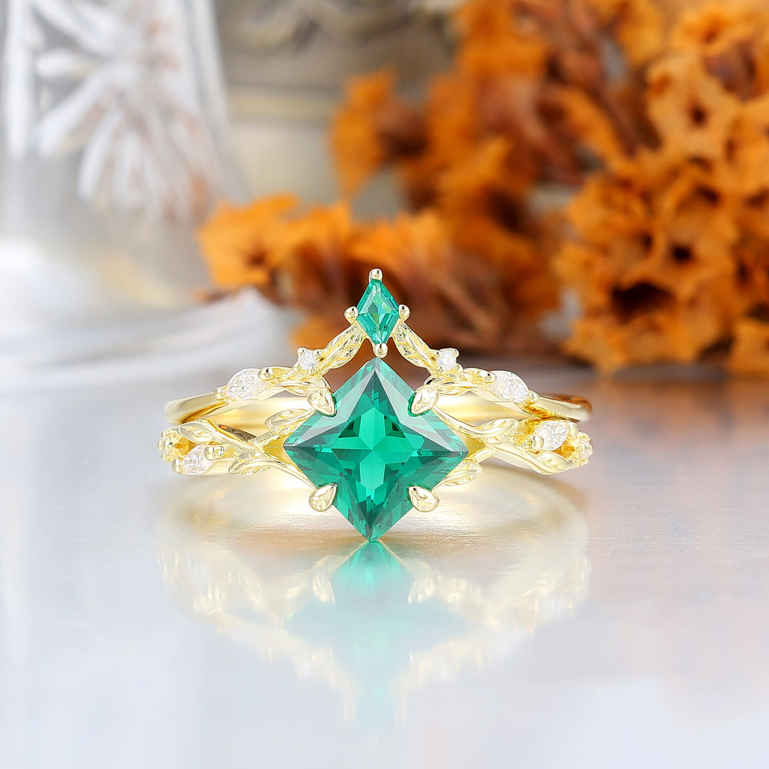 Antiguo anillo de compromiso con esmeralda corte princesa, delgadas hojas, anillos de boda para él y para ella, juego de anillos para parejas