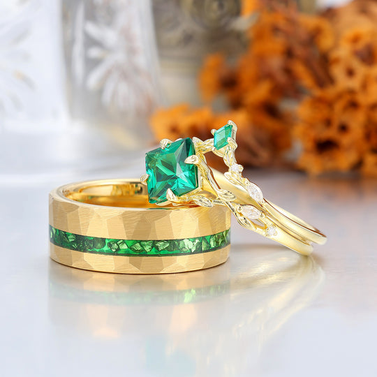 Antiguo anillo de compromiso con esmeralda corte princesa, delgadas hojas, anillos de boda para él y para ella, juego de anillos para parejas