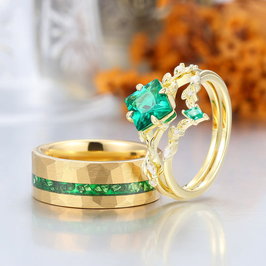 Antiguo anillo de compromiso con esmeralda corte princesa, delgadas hojas, anillos de boda para él y para ella, juego de anillos para parejas