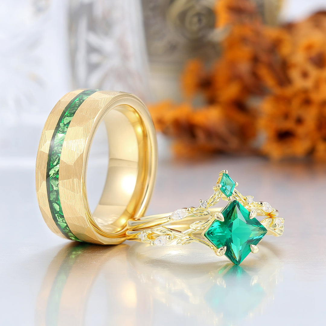 Antiguo anillo de compromiso con esmeralda corte princesa, delgadas hojas, anillos de boda para él y para ella, juego de anillos para parejas