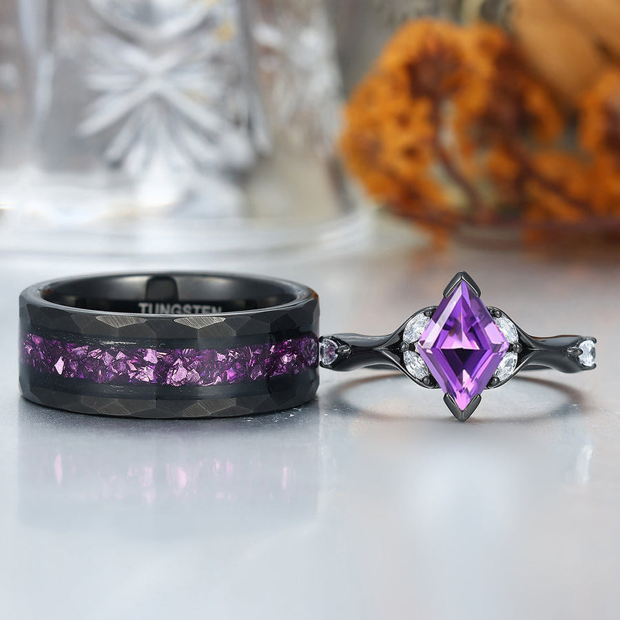 Stylish Rhombus Amethyst His And Her Wedding Bands Matching Hammered Personalized Couples' Set