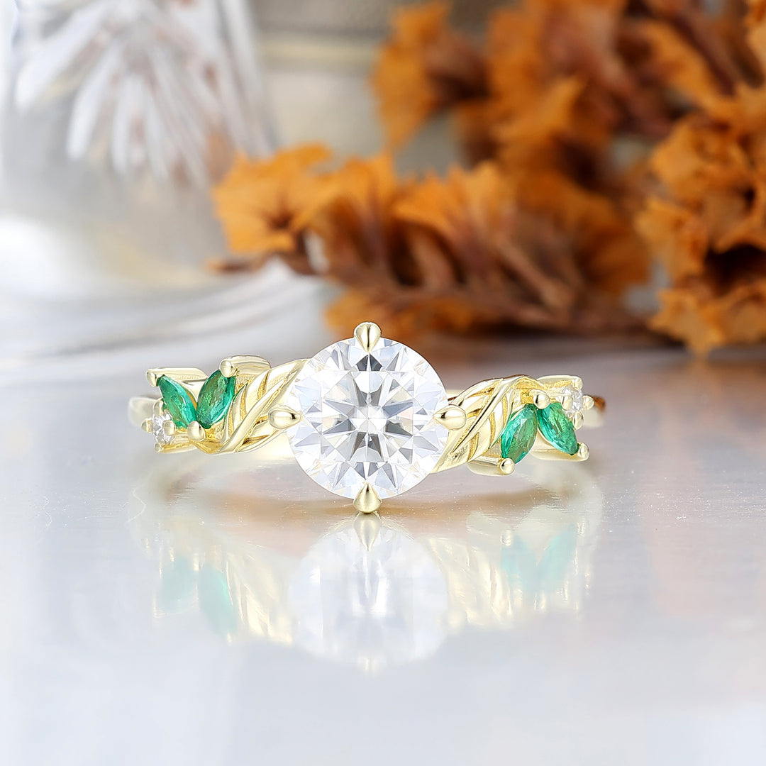 Anillo de Promesa Único Art Deco con Hoja Retorcida de Moissanita Redonda de 1.25CT