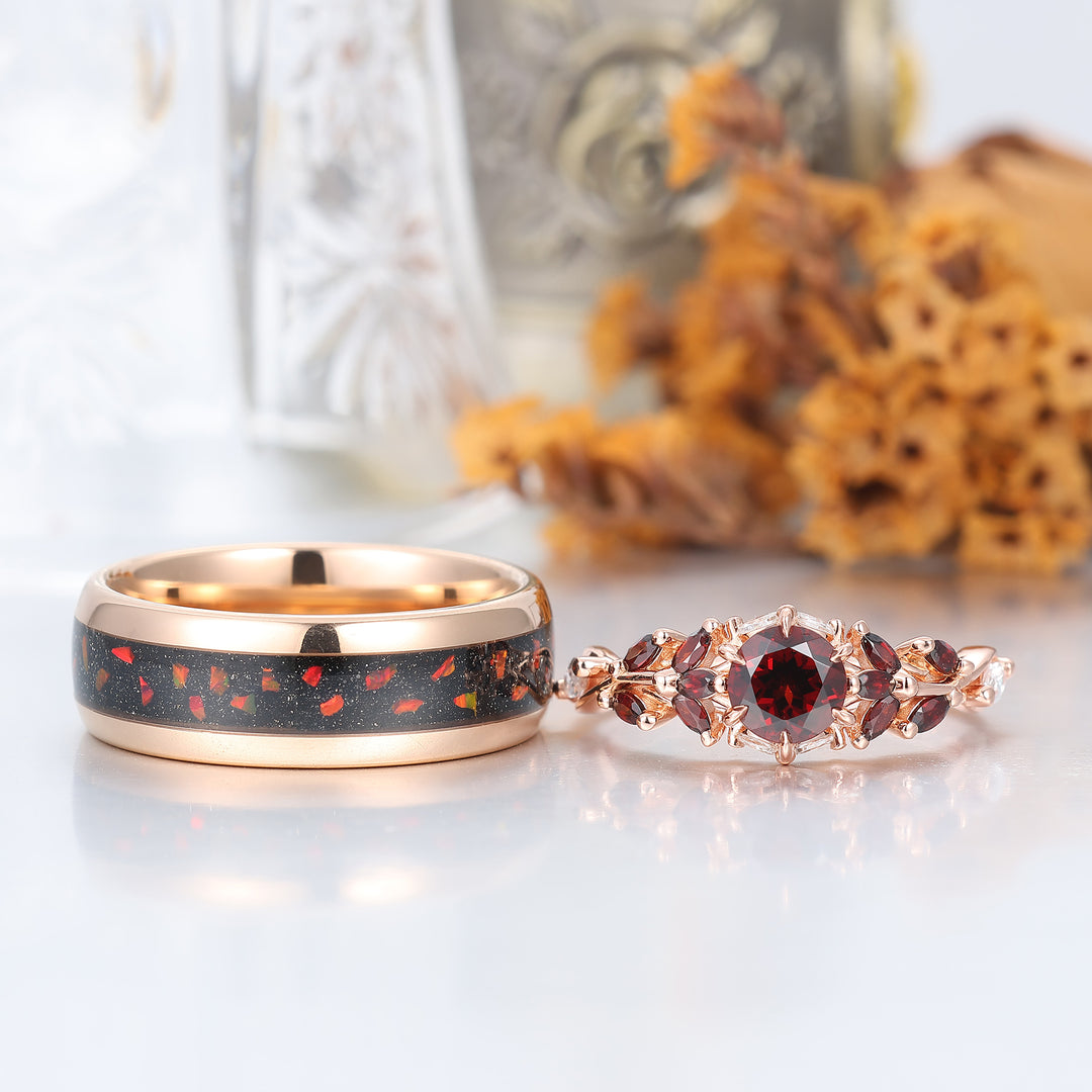 Anillo de pareja con racimo de hojas de granate rojo natural personalizado, juego de anillos de matrimonio a juego