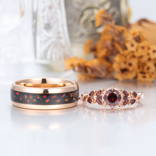 Anillo de pareja con racimo de hojas de granate rojo natural personalizado, juego de anillos de matrimonio a juego