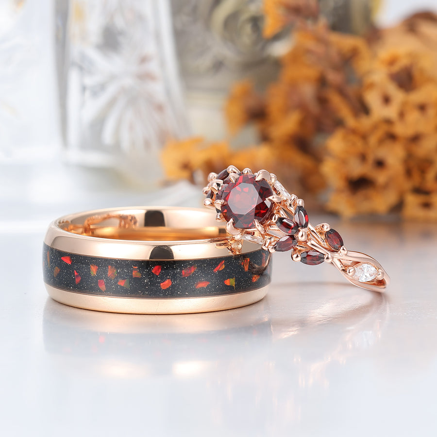 Anillo de pareja con racimo de hojas de granate rojo natural personalizado, juego de anillos de matrimonio a juego