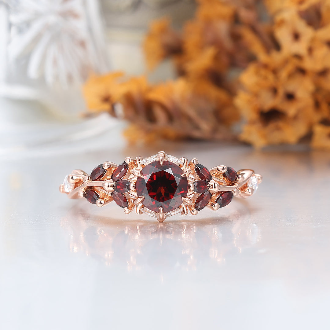 Anillo de pareja con racimo de hojas de granate rojo natural personalizado, juego de anillos de matrimonio a juego