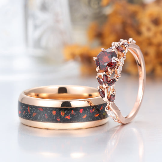 Anillo de pareja con racimo de hojas de granate rojo natural personalizado, juego de anillos de matrimonio a juego