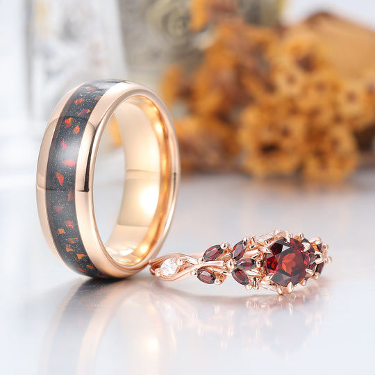 Anillo de pareja con racimo de hojas de granate rojo natural personalizado, juego de anillos de matrimonio a juego