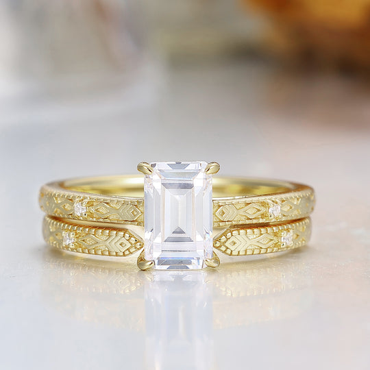 Pattern Engraved Moissanite Wedding Ring Set Antique 14K Yellow Solid Gold Engagement Ring