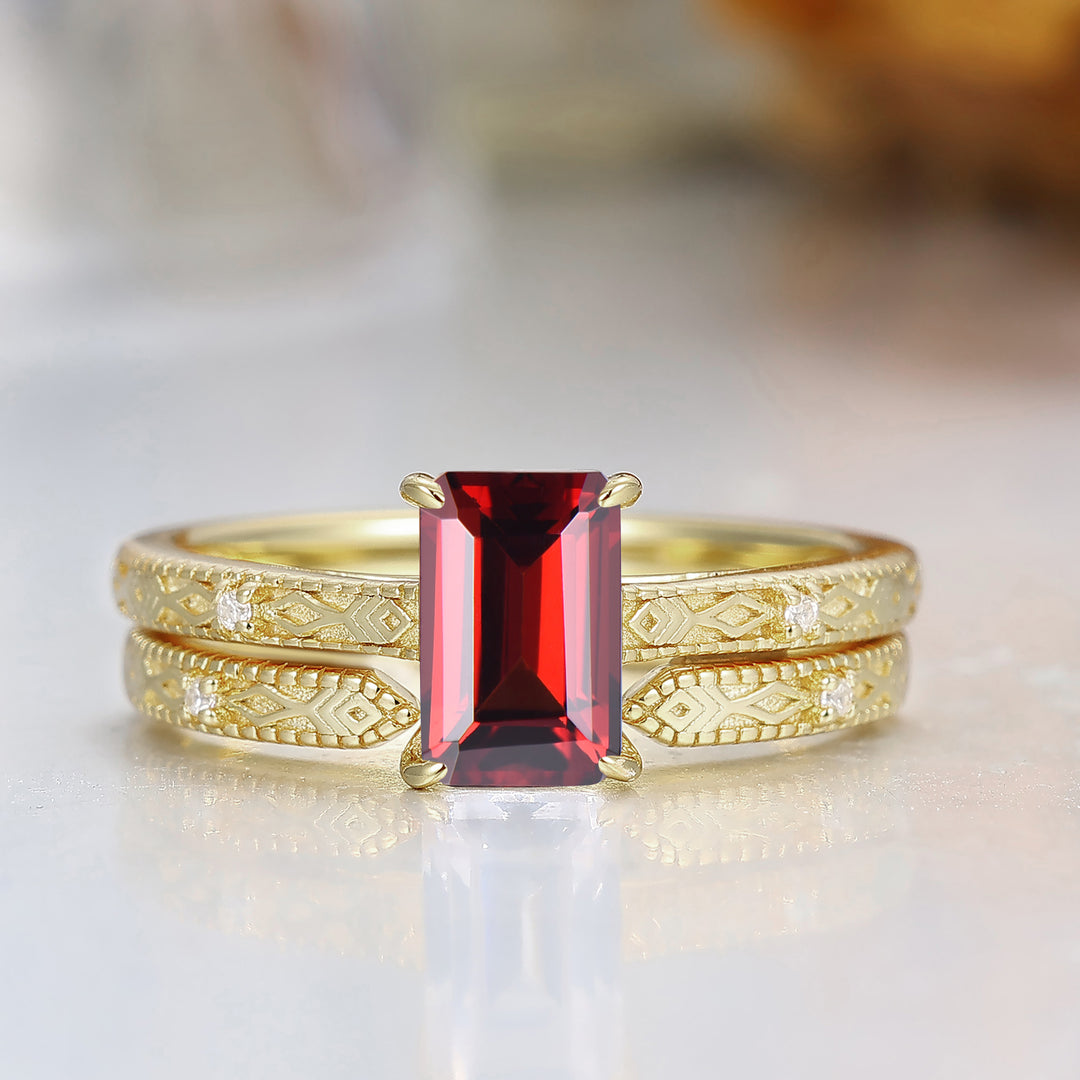 Vintage Natural Red Garnet Hand Engraved Yellow Gold Plated Couple Ring Set His And Hers Rings