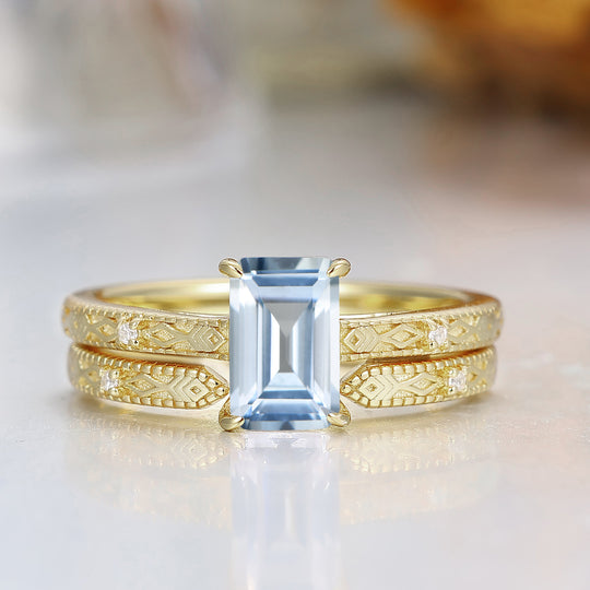 Vintage anillo de compromiso grabado con aguamarina talla esmeralda, juego de anillos nupciales en oro macizo 14K