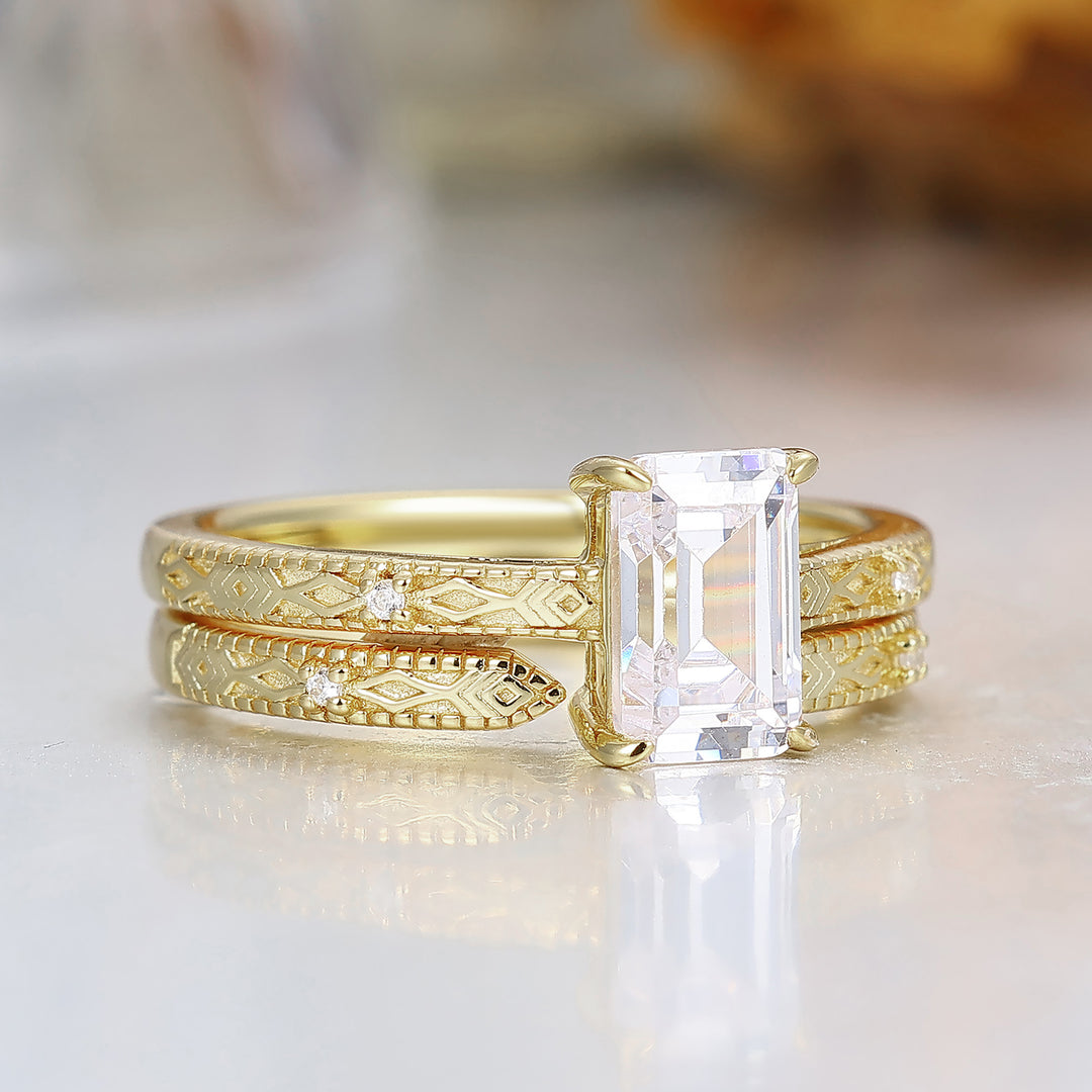Pattern Engraved Moissanite Wedding Ring Set Antique 14K Yellow Solid Gold Engagement Ring