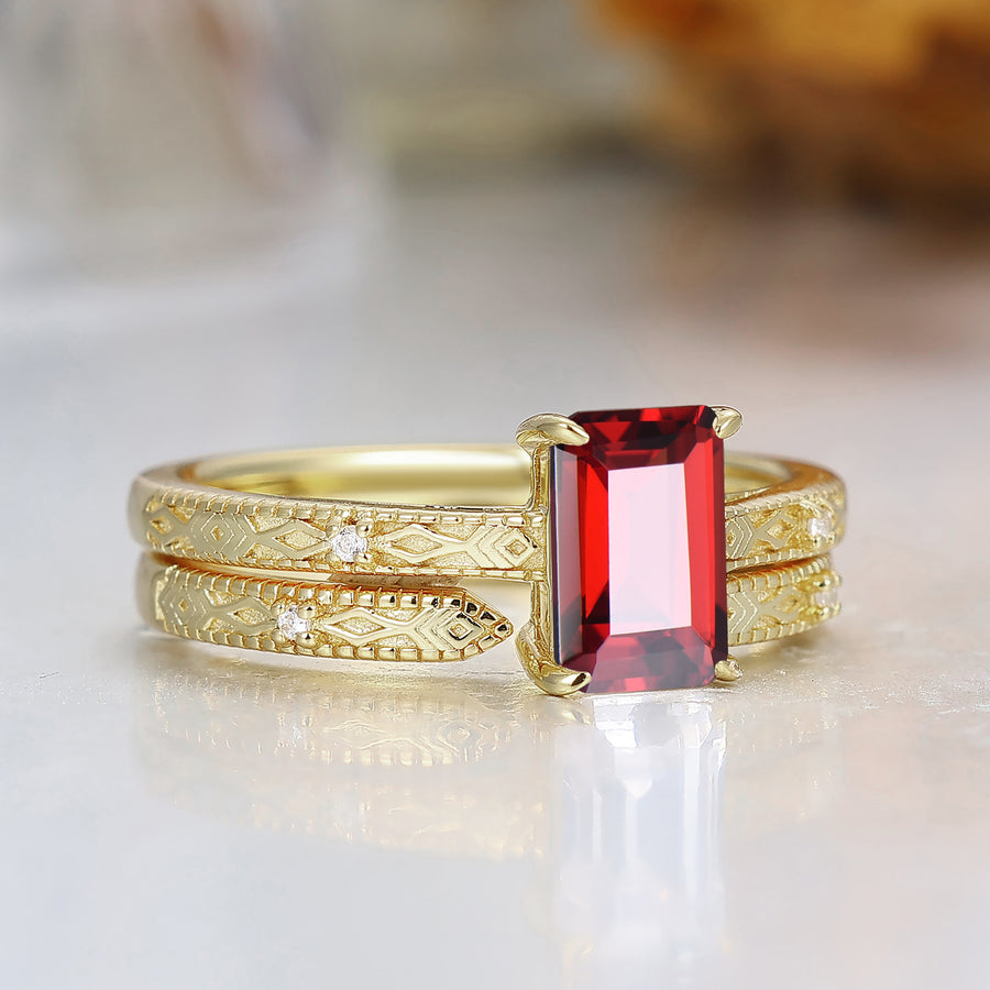 Emerald Cut Garnet  Ring Textured Gold Band with Subtle Accents Rectangle Red Gemstone Ring
