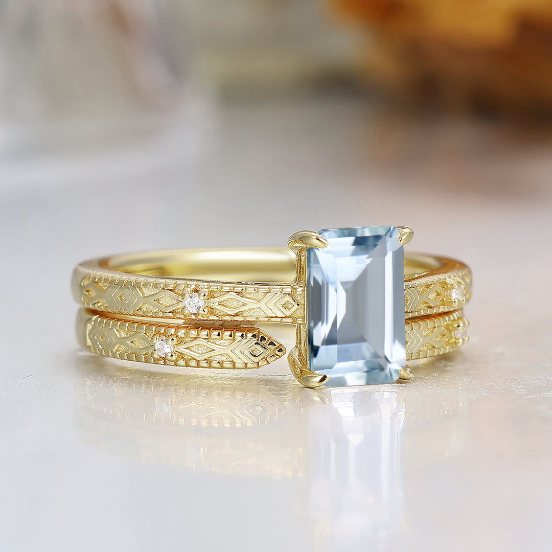 Vintage anillo de compromiso grabado con aguamarina talla esmeralda, juego de anillos nupciales en oro macizo 14K