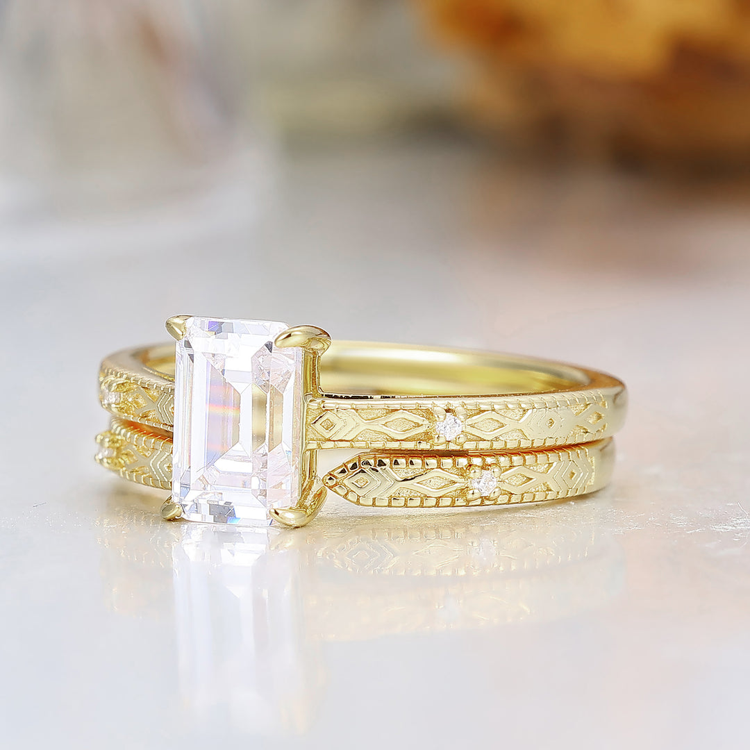 Pattern Engraved Moissanite Wedding Ring Set Antique 14K Yellow Solid Gold Engagement Ring