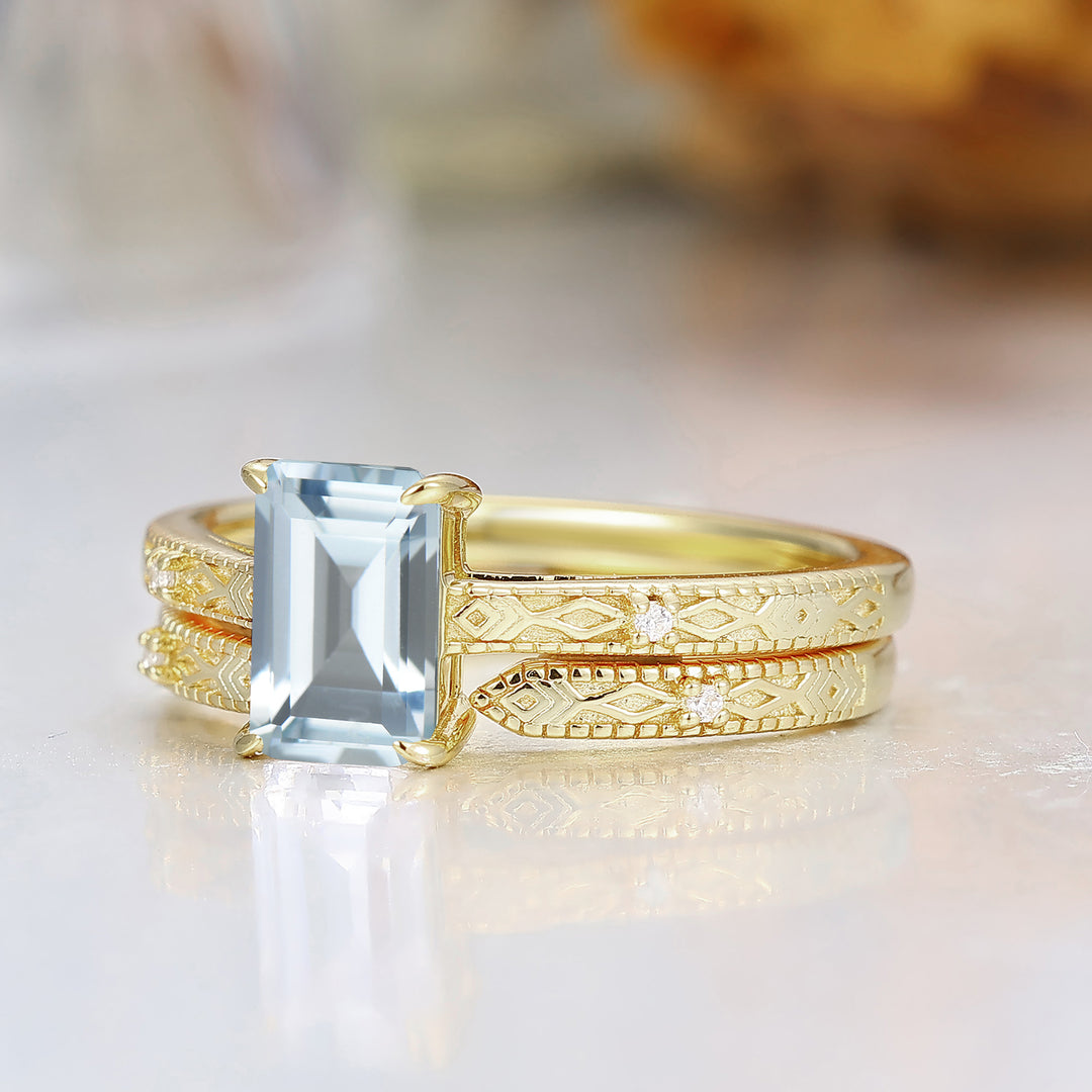 Vintage anillo de compromiso grabado con aguamarina talla esmeralda, juego de anillos nupciales en oro macizo 14K