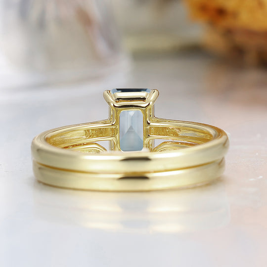 Vintage anillo de compromiso grabado con aguamarina talla esmeralda, juego de anillos nupciales en oro macizo 14K