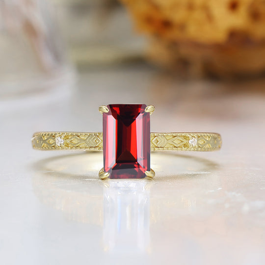 Solitär-Ring mit Smaragdschliff und Granat S925, roter Granat-Ring, rechteckiger roter Edelstein-Ring
