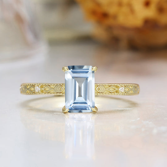 Barok geslepen smaragd geslepen aquamarijn gegraveerde trouwring unieke geboortesteen voor maart damesring