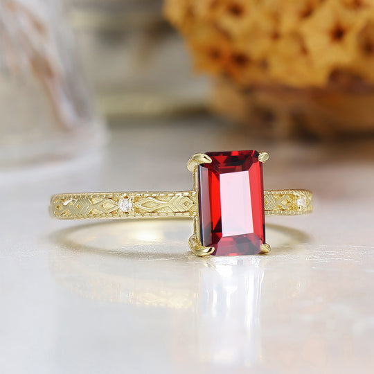 Solitär-Ring mit Smaragdschliff und Granat S925, roter Granat-Ring, rechteckiger roter Edelstein-Ring