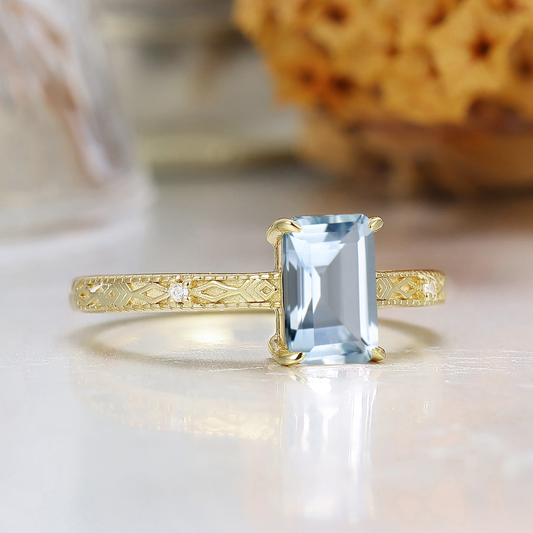 Barok geslepen smaragd geslepen aquamarijn gegraveerde trouwring unieke geboortesteen voor maart damesring