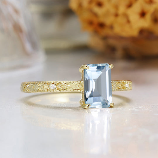 Barok geslepen smaragd geslepen aquamarijn gegraveerde trouwring unieke geboortesteen voor maart damesring