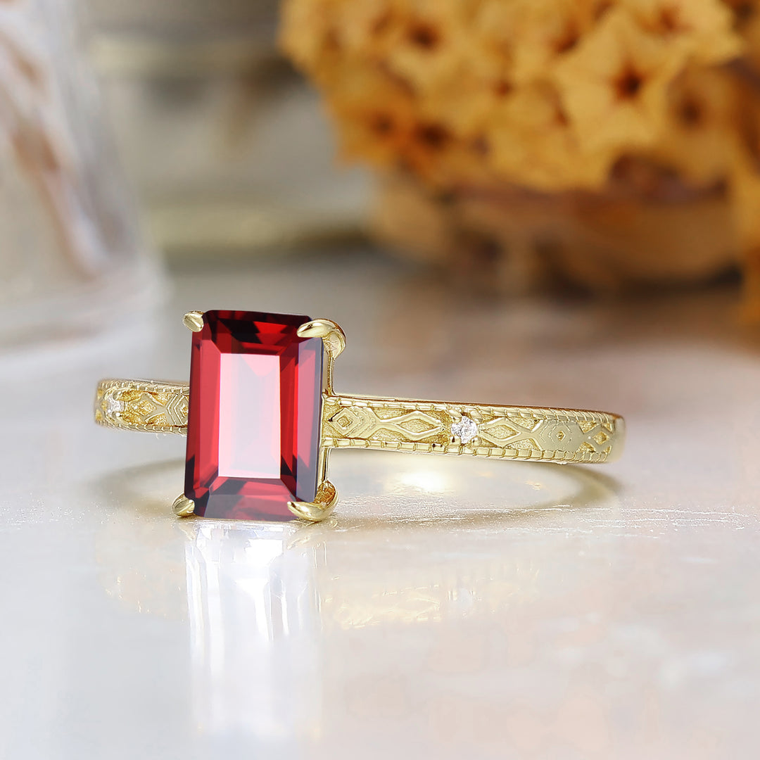 Solitär-Ring mit Smaragdschliff und Granat S925, roter Granat-Ring, rechteckiger roter Edelstein-Ring