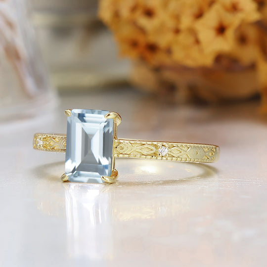 Barok geslepen smaragd geslepen aquamarijn gegraveerde trouwring unieke geboortesteen voor maart damesring