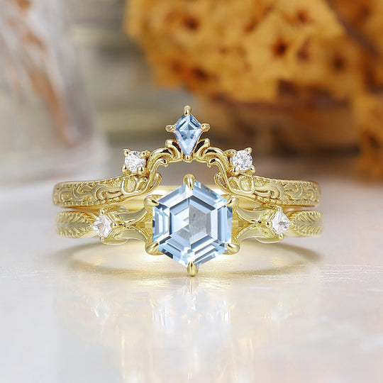 Dainty Hexagon Cut Aquamarine 2pcs Women Wedding Ring Set Geometric Engraved Bridal Ring