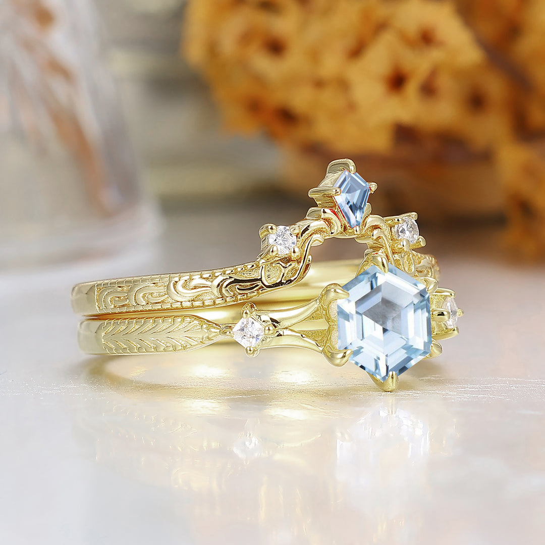 Dainty Hexagon Cut Aquamarine 2pcs Women Wedding Ring Set Geometric Engraved Bridal Ring