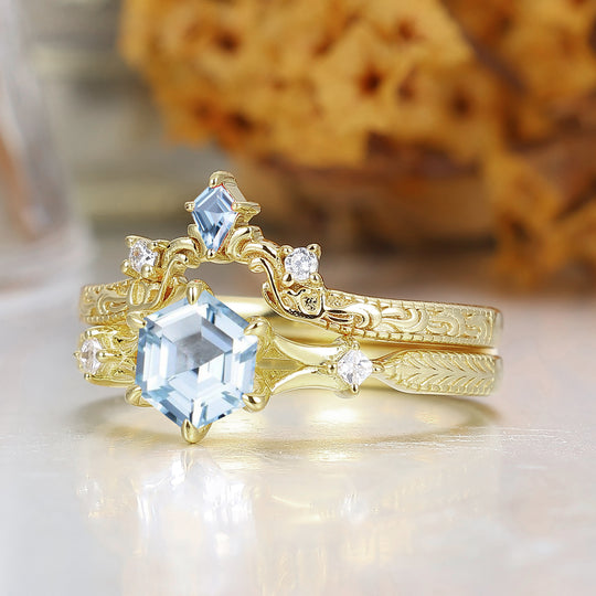 Dainty Hexagon Cut Aquamarine 2pcs Women Wedding Ring Set Geometric Engraved Bridal Ring