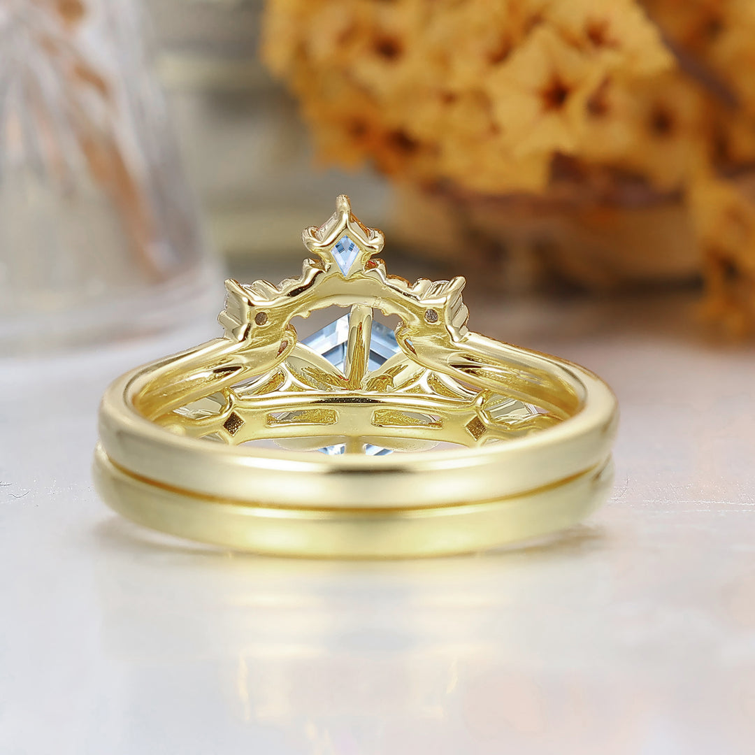 Dainty Hexagon Cut Aquamarine 2pcs Women Wedding Ring Set Geometric Engraved Bridal Ring