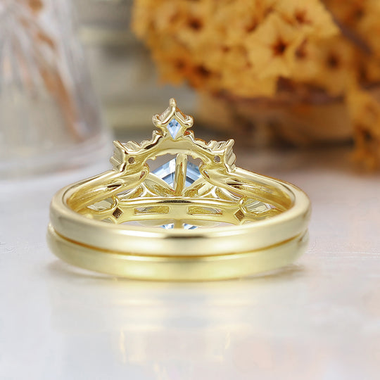Dainty Hexagon Cut Aquamarine 2pcs Women Wedding Ring Set Geometric Engraved Bridal Ring
