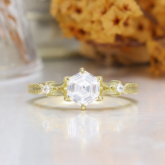 Minimalist Hexagon Cut Moissanite Anniversary Bridal Ring Yellow Gold Engagement Ring