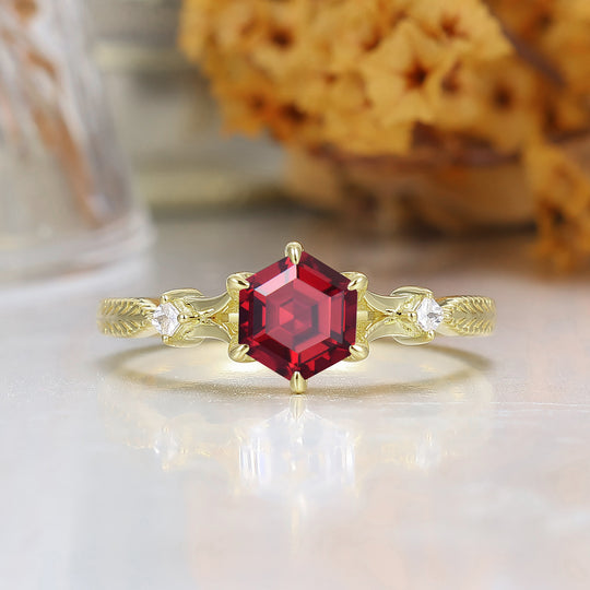 Bague Vintage Artisanale Gravée Filigrane Hexagone S925 Grenat Rouge Bague avec Accents Ensemble de Bagues
