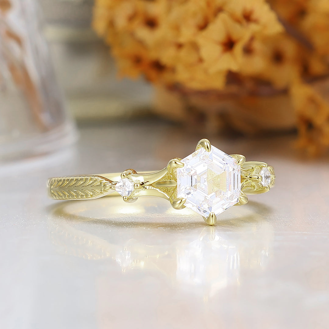 Minimalist Hexagon Cut Moissanite Anniversary Bridal Ring Yellow Gold Engagement Ring