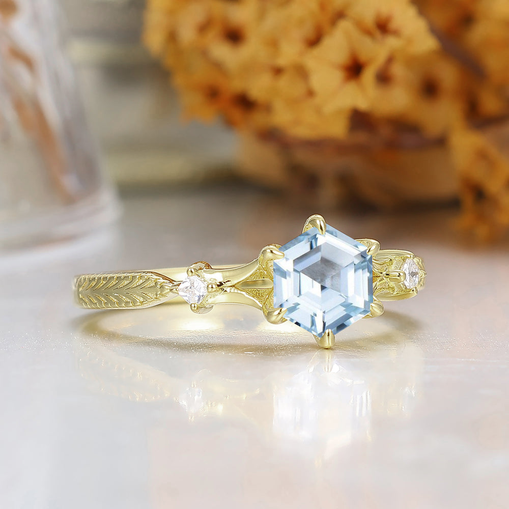 Unique Hexagon Cut Aquamarine Wedding Ring For Women Vintage Engraved Flourish Bridal Ring