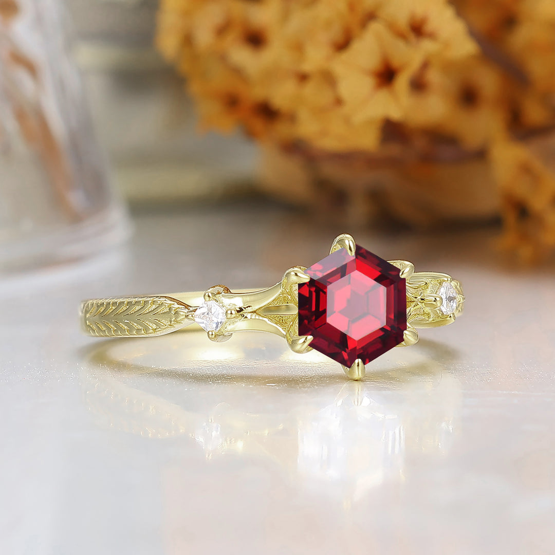 Bague Vintage Artisanale Gravée Filigrane Hexagone S925 Grenat Rouge Bague avec Accents Ensemble de Bagues