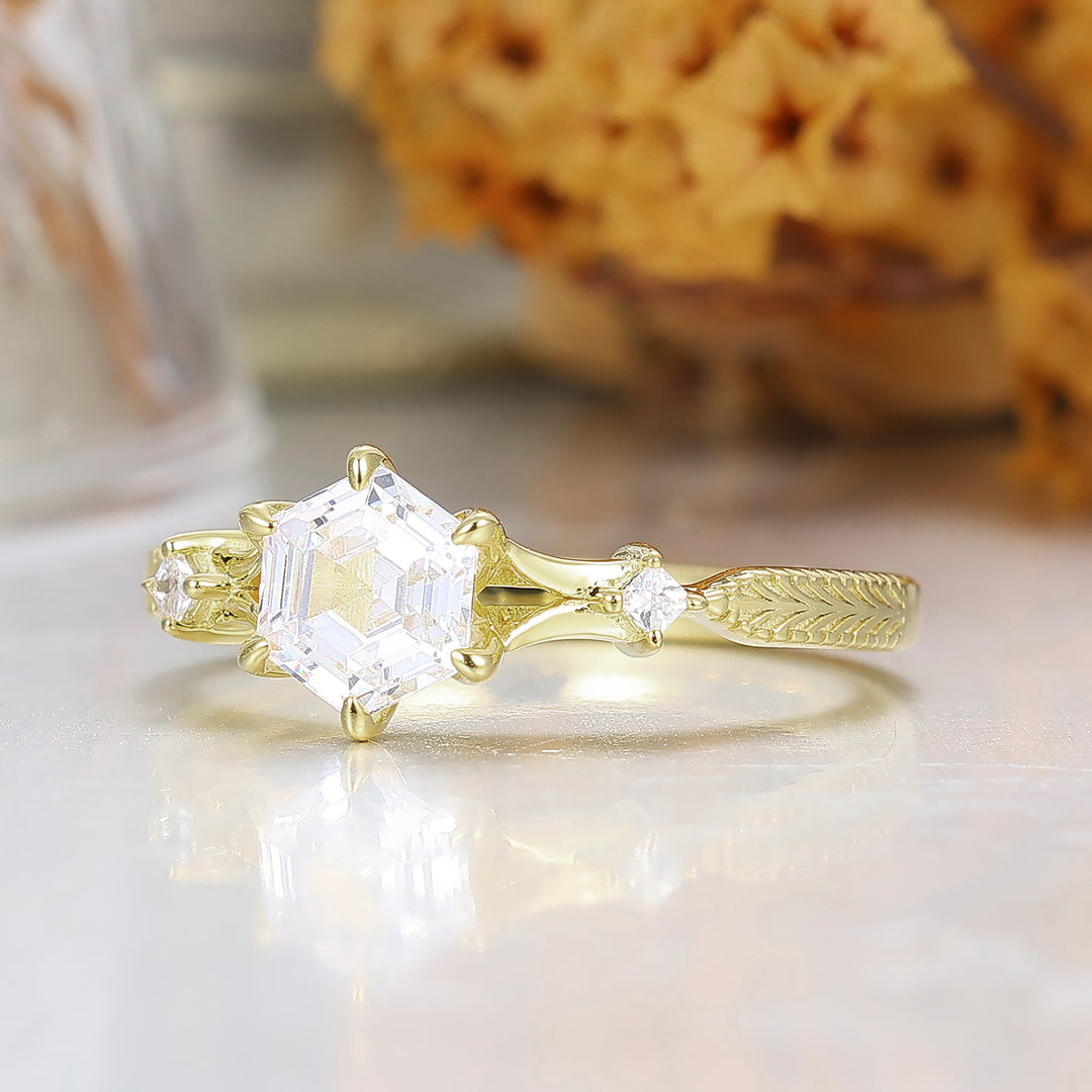 Minimalist Hexagon Cut Moissanite Anniversary Bridal Ring Yellow Gold Engagement Ring