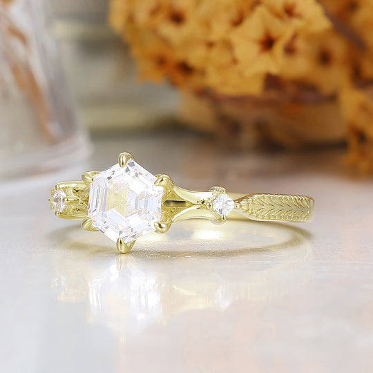 Minimalist Hexagon Cut Moissanite Anniversary Bridal Ring Yellow Gold Engagement Ring