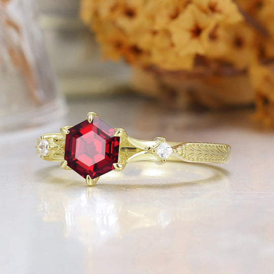 Bague Vintage Artisanale Gravée Filigrane Hexagone S925 Grenat Rouge Bague avec Accents Ensemble de Bagues