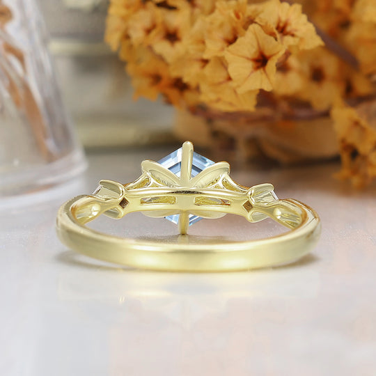 Unique Hexagon Cut Aquamarine Wedding Ring For Women Vintage Engraved Flourish Bridal Ring