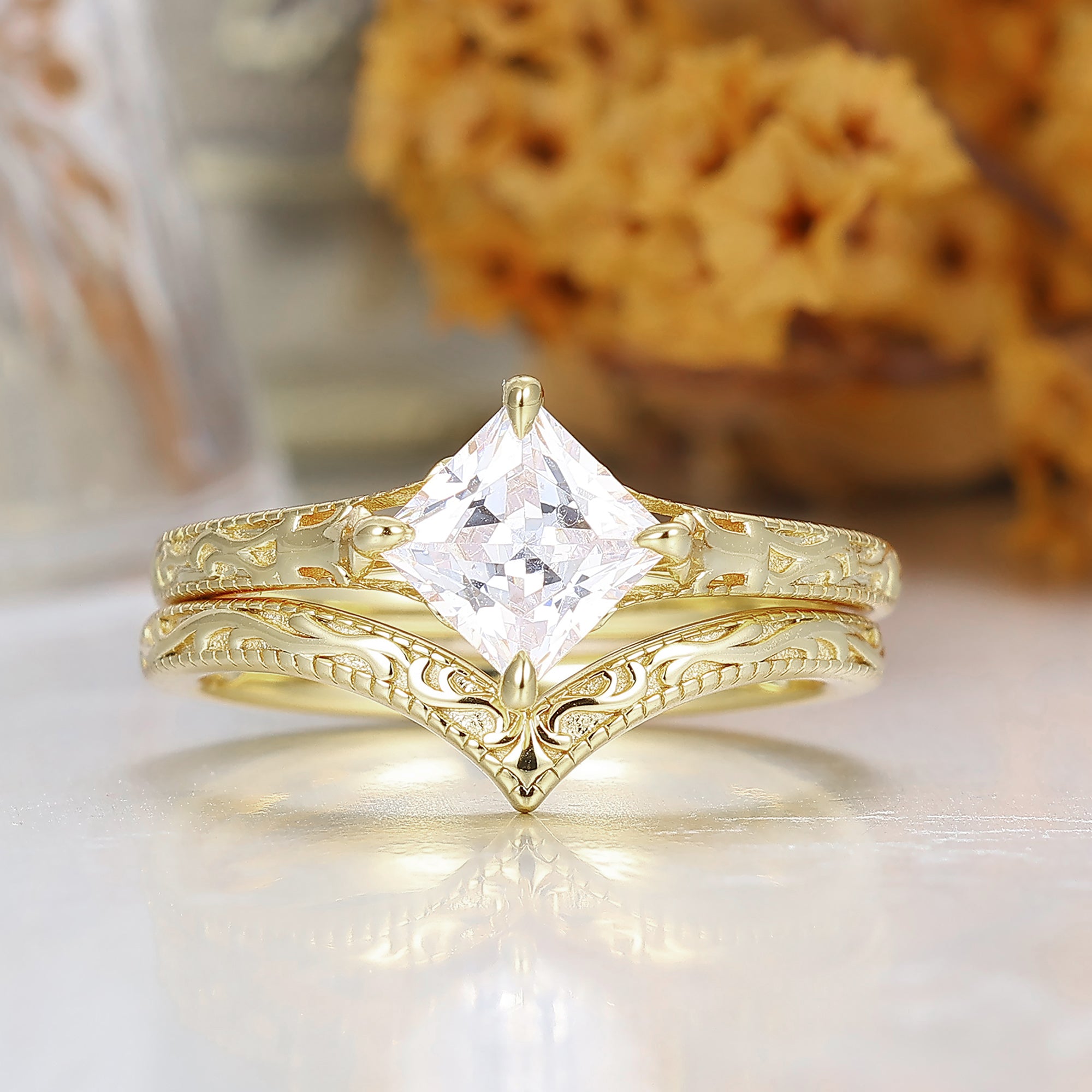 14K Solid Gold Milgrain Engraved Moissanite Wedding Ring Set Antique Filigreed Engagement Ring -  Esdomera.com