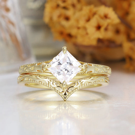 14K Solid Gold Milgrain Engraved Moissanite Wedding Ring Set Antique Filigreed Engagement Ring