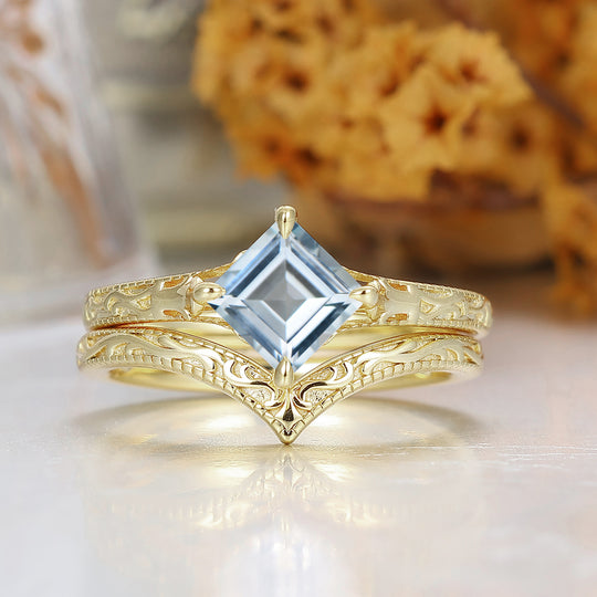 Square Cut Solitaire Aigue-marine Bague de Mariage Filigrane Ensemble Fait Main Bague de Mariée en Or Jaune 14K