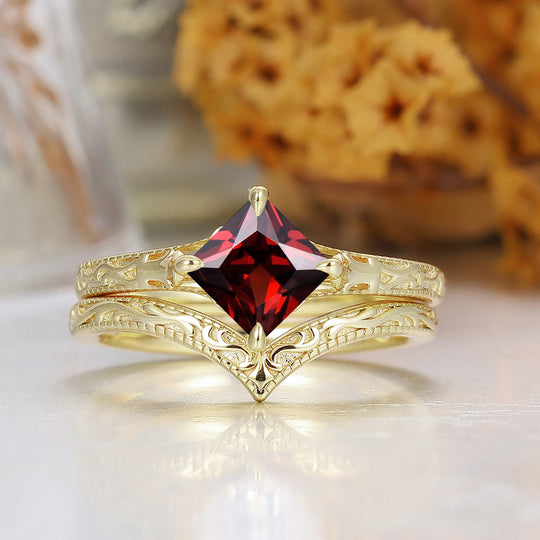 Princess Cut Garnet Engagement Ring Set Vintage Engraved Gold Band Red Garnet Bridal Set
