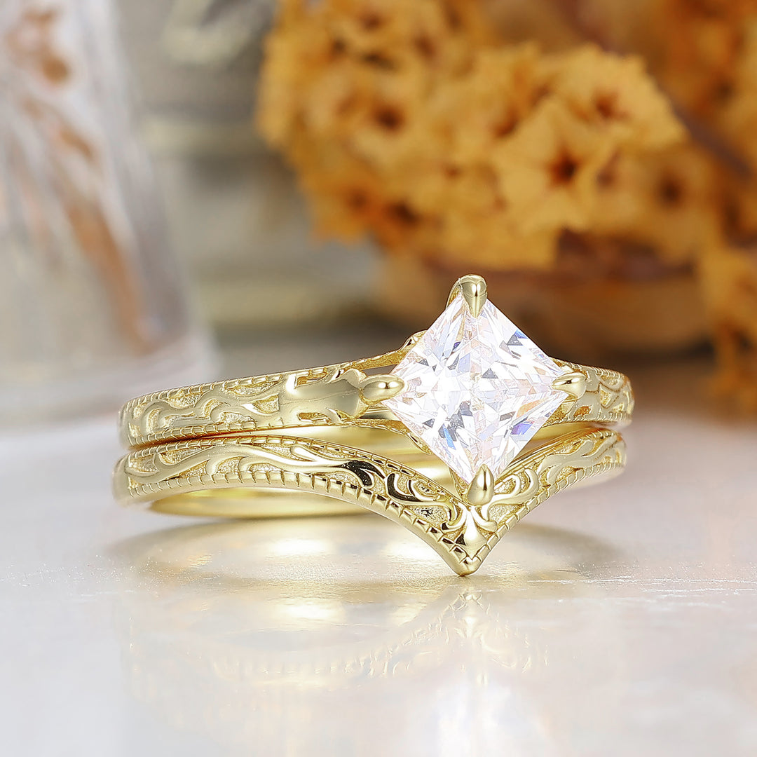 14K Solid Gold Milgrain Engraved Moissanite Wedding Ring Set Antique Filigreed Engagement Ring