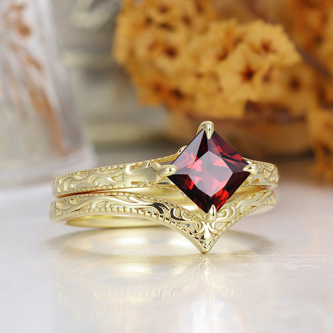 Solitaire Natural Red Garnet Engraved Couple Ring Set Vintage Filigreed Yellow Gold Plated His And Hers Rings