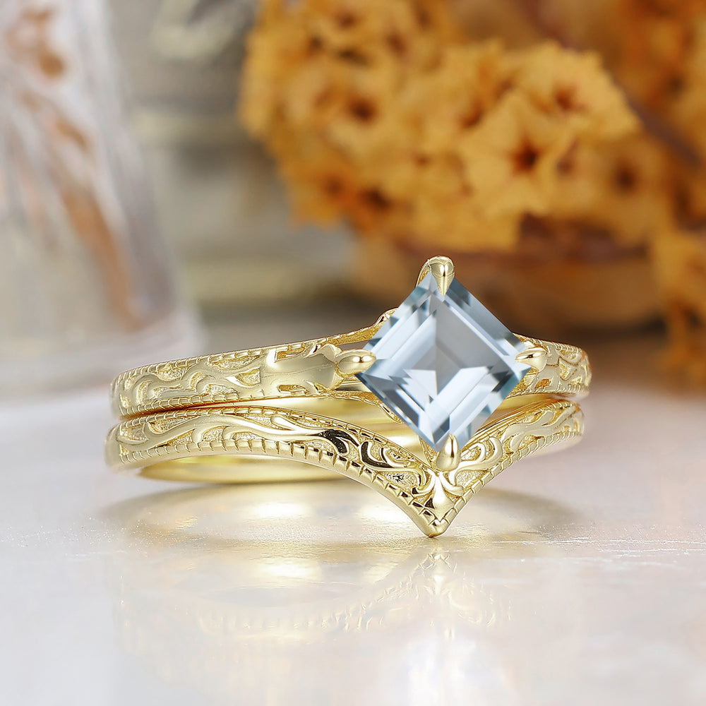 Square Cut Solitaire Aquamarin Filigran Hochzeitsring Set Handgefertigt 14K Gelbgold Verlobungsring