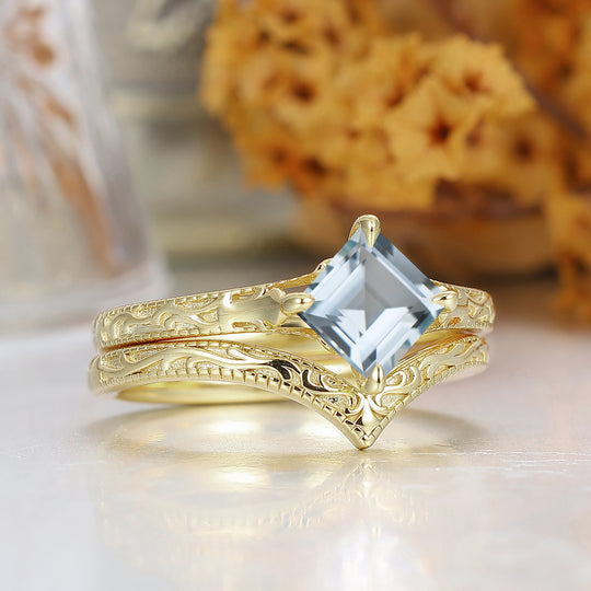 Square Cut Solitaire Aigue-marine Bague de Mariage Filigrane Ensemble Fait Main Bague de Mariée en Or Jaune 14K